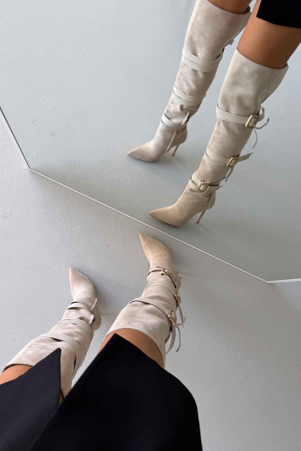 Ravelle Buckle Over-the-Knee Stiletto Boots – Tan Suede