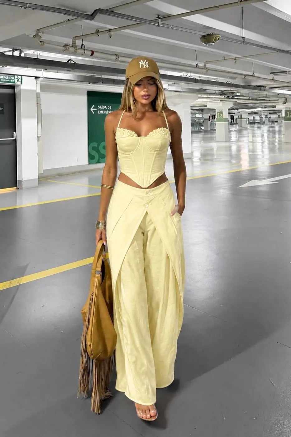 Valleria Corset Top & Draped Wide-Leg Pants Set – Yellow