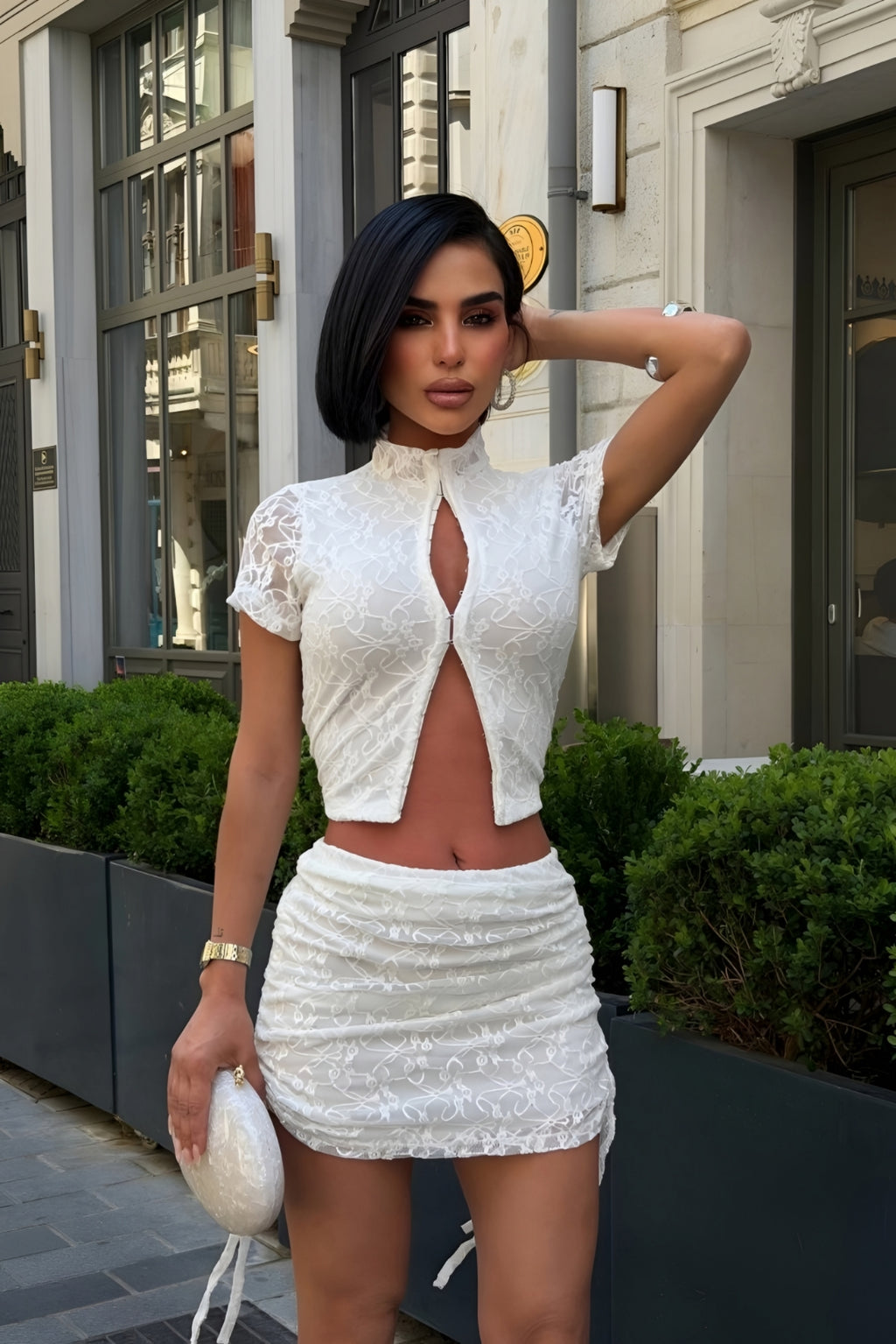 Capri Royale Signature Look – White Lace Lycra Two-Piece Set & Celestia Royale Lace Couture Heels