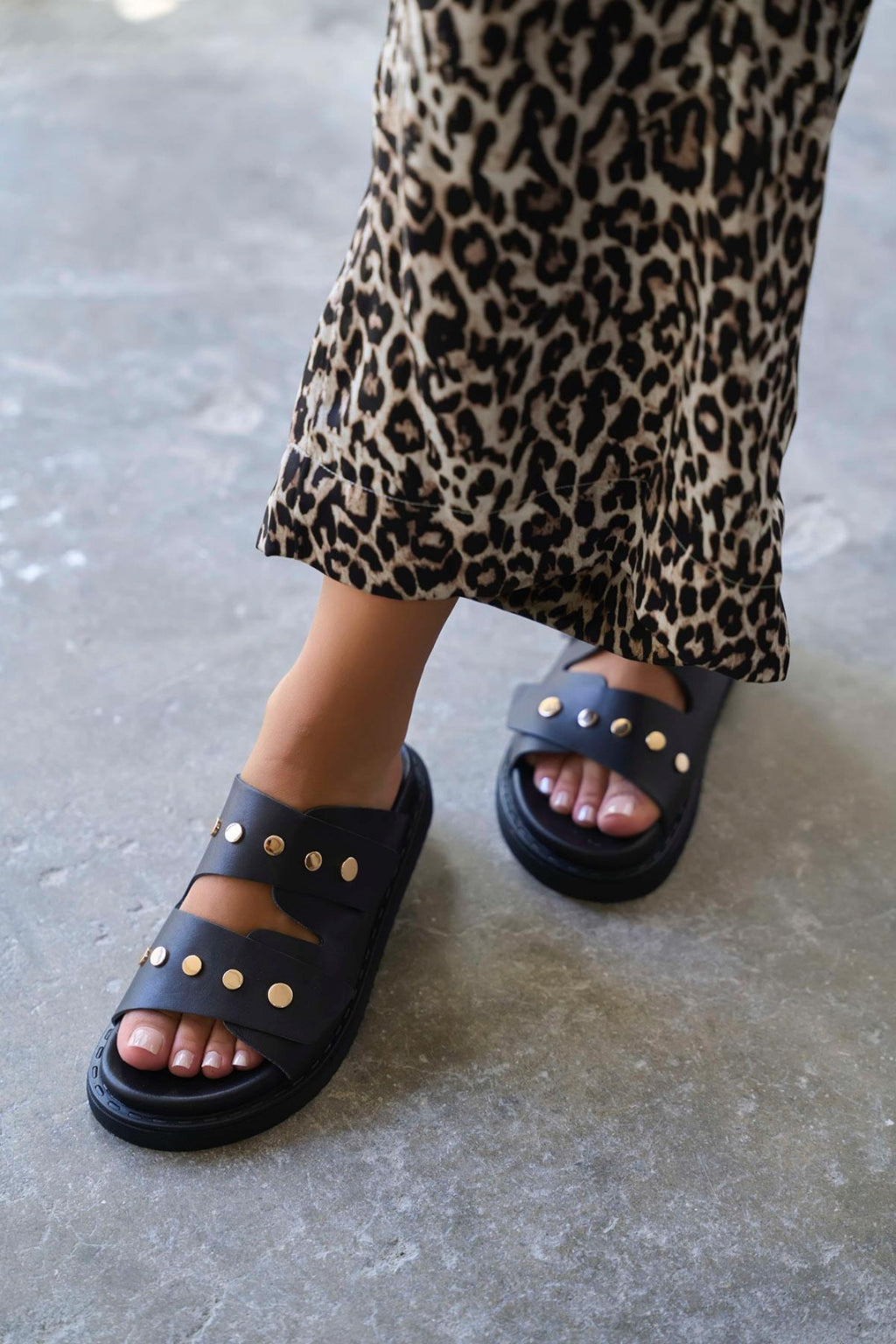 Caleb Black Genuine Leather Comfort Women's Slippers