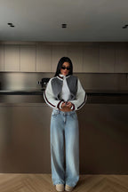 Varelle Contrast-Sleeve Zip Knit Cardigan