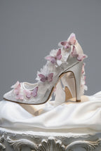 Pink Butterfly White Lace Bridal Stilettos