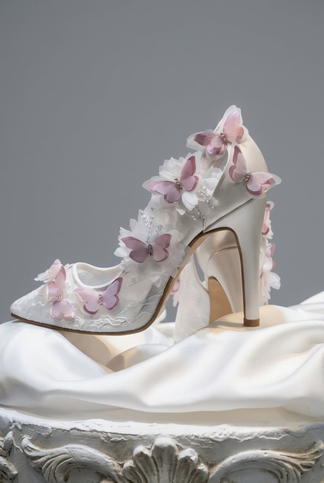 Pink Butterfly White Lace Bridal Stilettos