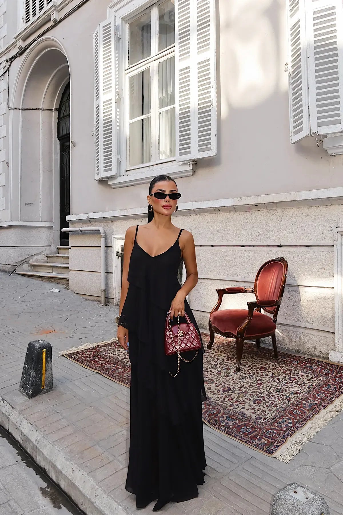 Liorenne Layered Chiffon Maxi Dress – Black