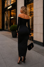 Calanthe Ruched Off-Shoulder Maxi Dress – Black