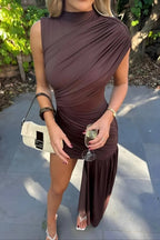 Aureline Ruched Draped Mini Dress – Chocolate Brown