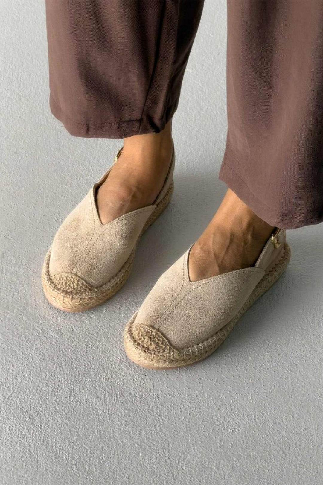 Heidi – Genuine Suede Leather Espadrille Slingback Flats – Sand