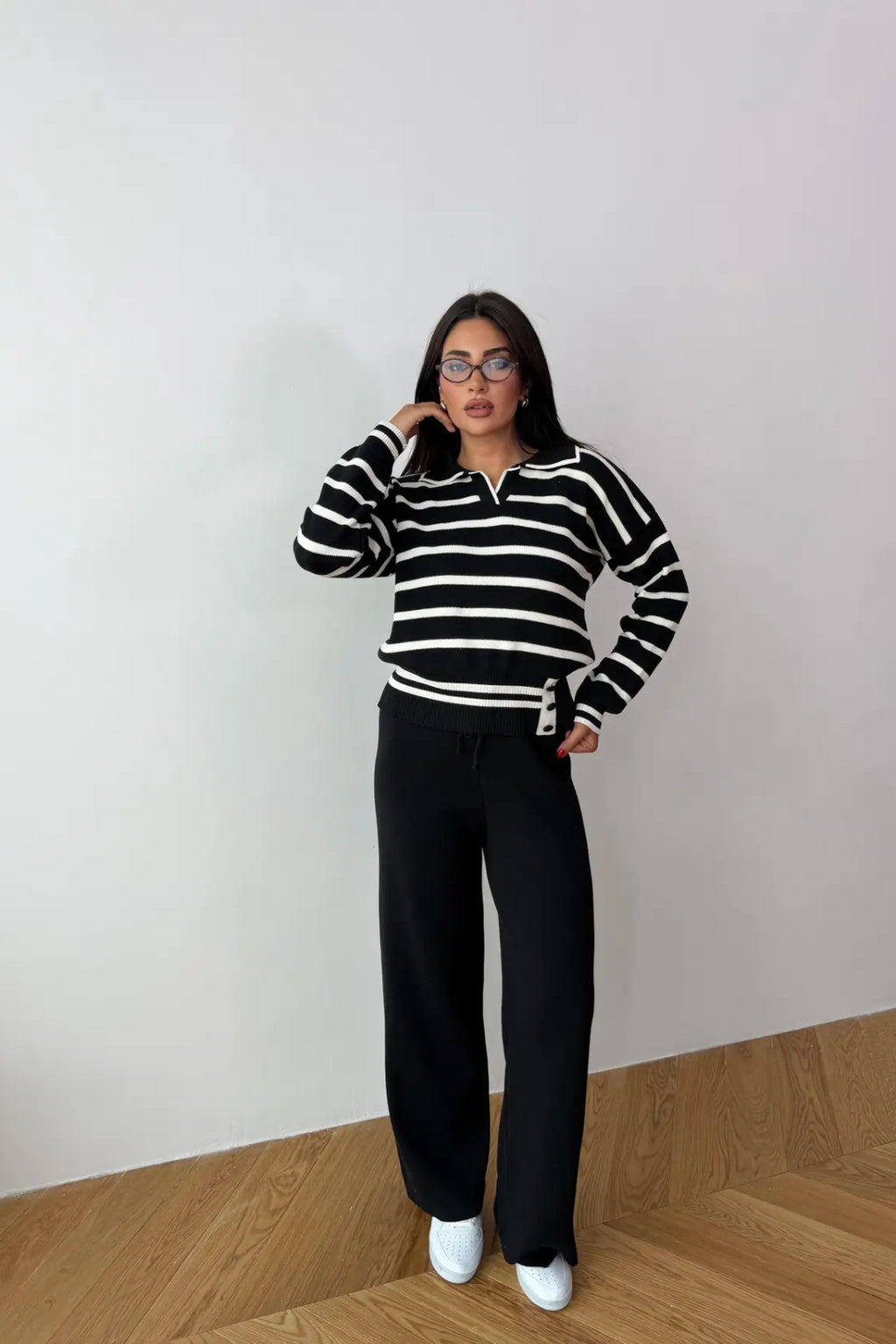 Blythe Striped Polo Knit Two-Piece Set – Cream&Brown