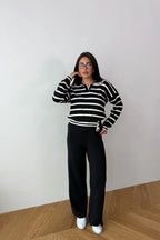 Blythe Striped Polo Knit Two-Piece Set – Cream&Brown
