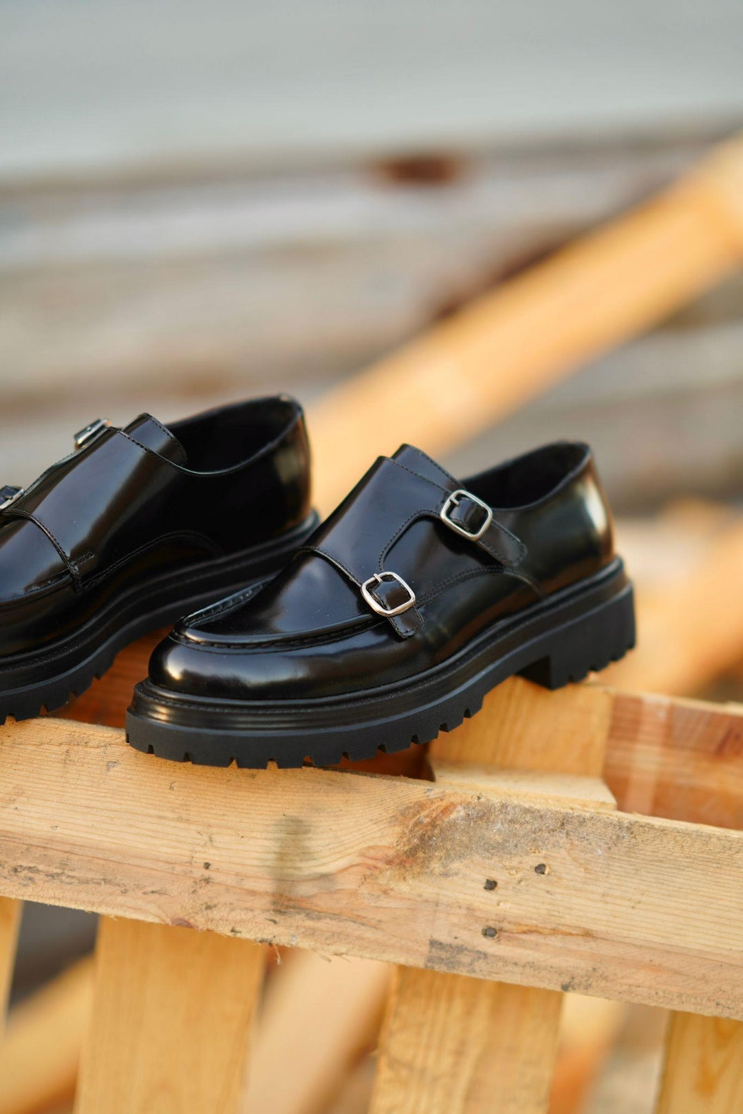 Black Patina Leather Double Monk Strap