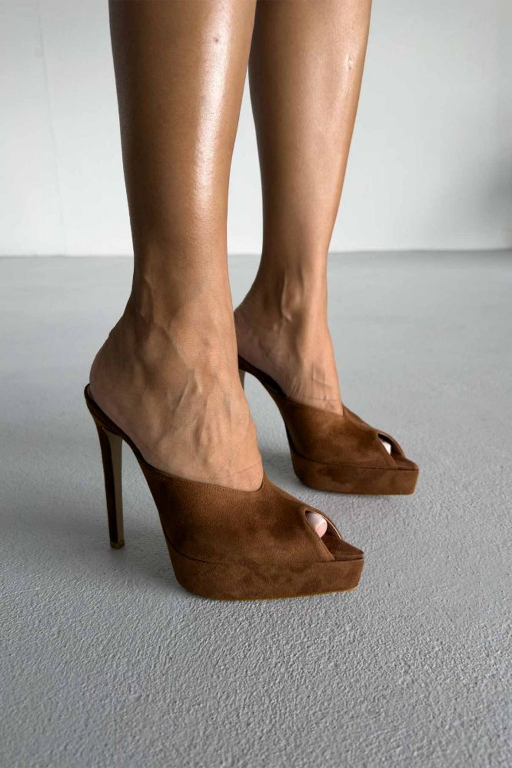 Vespera Platform Peep-Toe Mule Heels – Black Suede