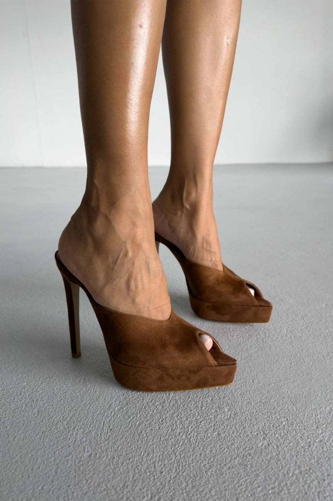 Vespera Platform Peep-Toe Mule Heels – Black Suede