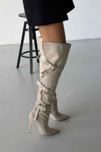 Ravelle Buckle Over-the-Knee Stiletto Boots – Tan Suede