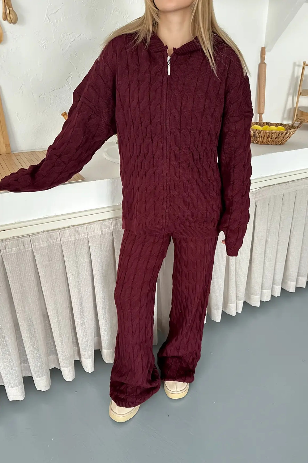Briar Cable Knit Hooded Two-Piece Set – Light Brown