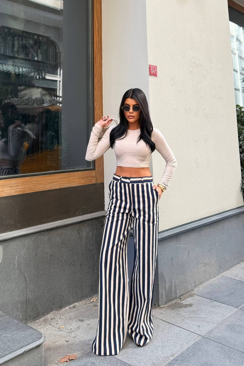 Daven Striped Wide-Leg Trousers – Brown