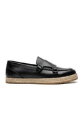 Siyah Hakiki Deri Hasır Kaplama Tabanlı Double Monk Strap