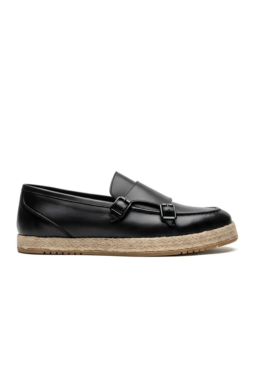 Siyah Hakiki Deri Hasır Kaplama Tabanlı Double Monk Strap