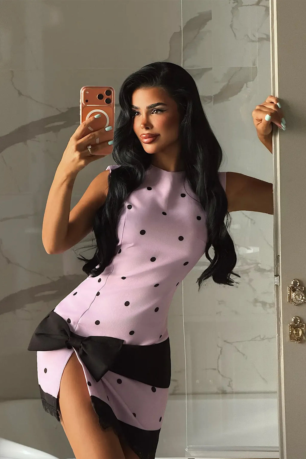 Dorevienne Contrast Bow Polka Dot Mini Dress – Bitter Brown