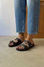 Women's Double Buckle Slippers with Contrast Stitching - Black