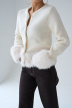 Orwick Faux Fur Trim Snap-Button Cardigan – Ecru