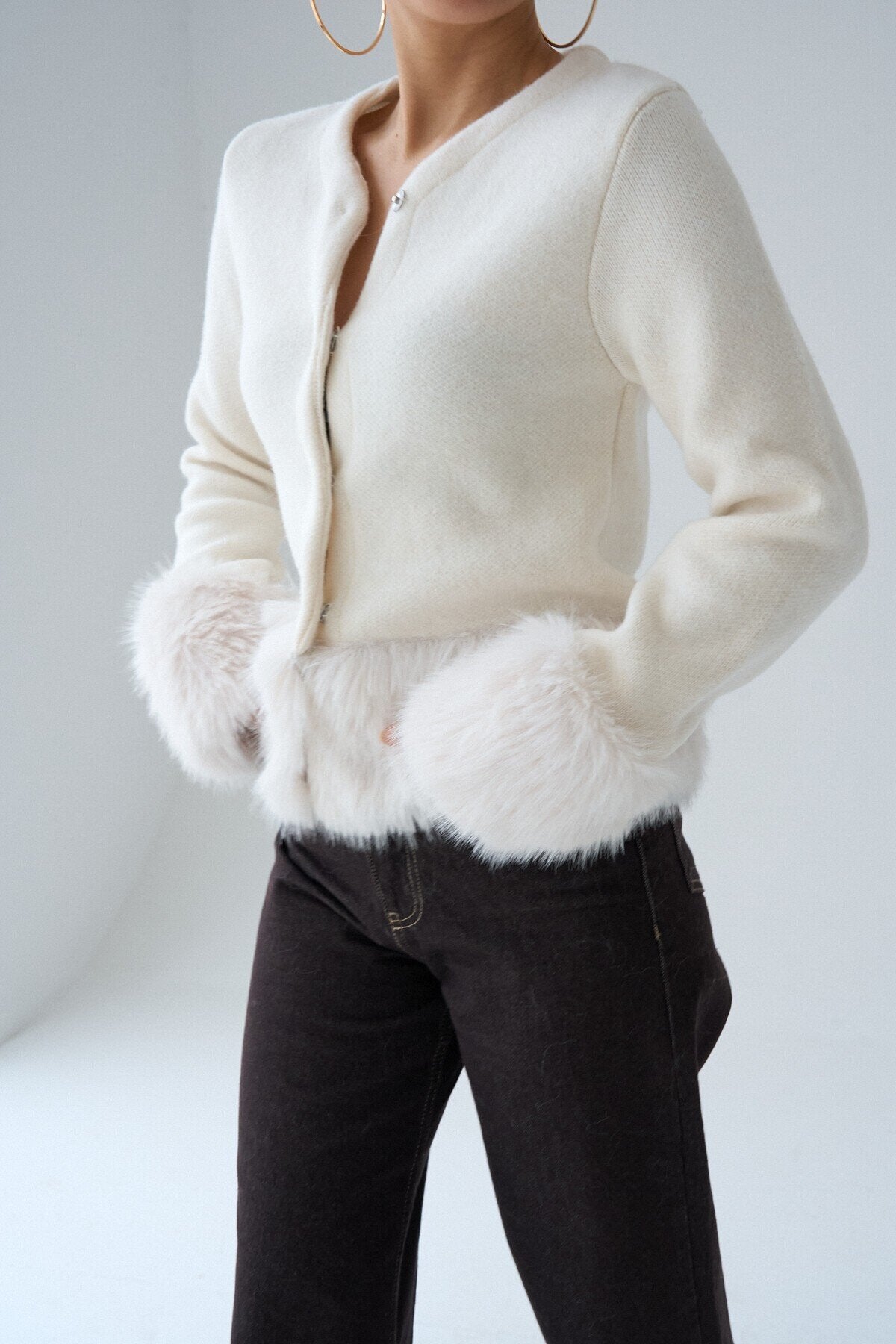 Orwick Faux Fur Trim Snap-Button Cardigan – Ecru