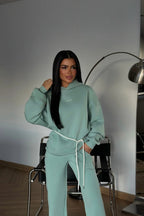 Cavielle Contrast-Tie Hoodie & Wide-Leg Tracksuit Set – Smoke Gray