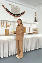 Briar Cable Knit Hooded Two-Piece Set – Light Brown