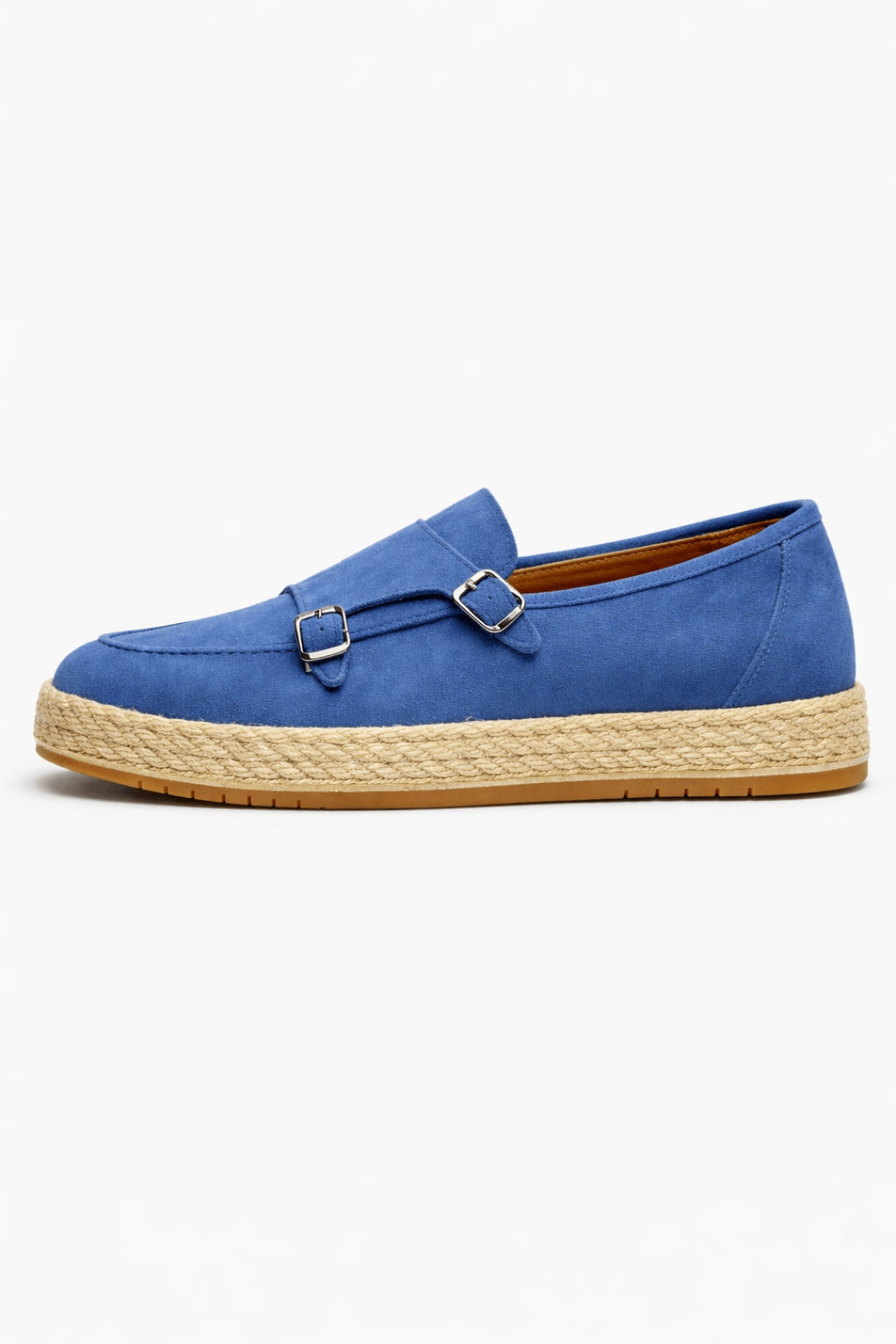 Mavi Hakiki Süet Deri Hasır Kaplama Tabanlı Double Monk Strap