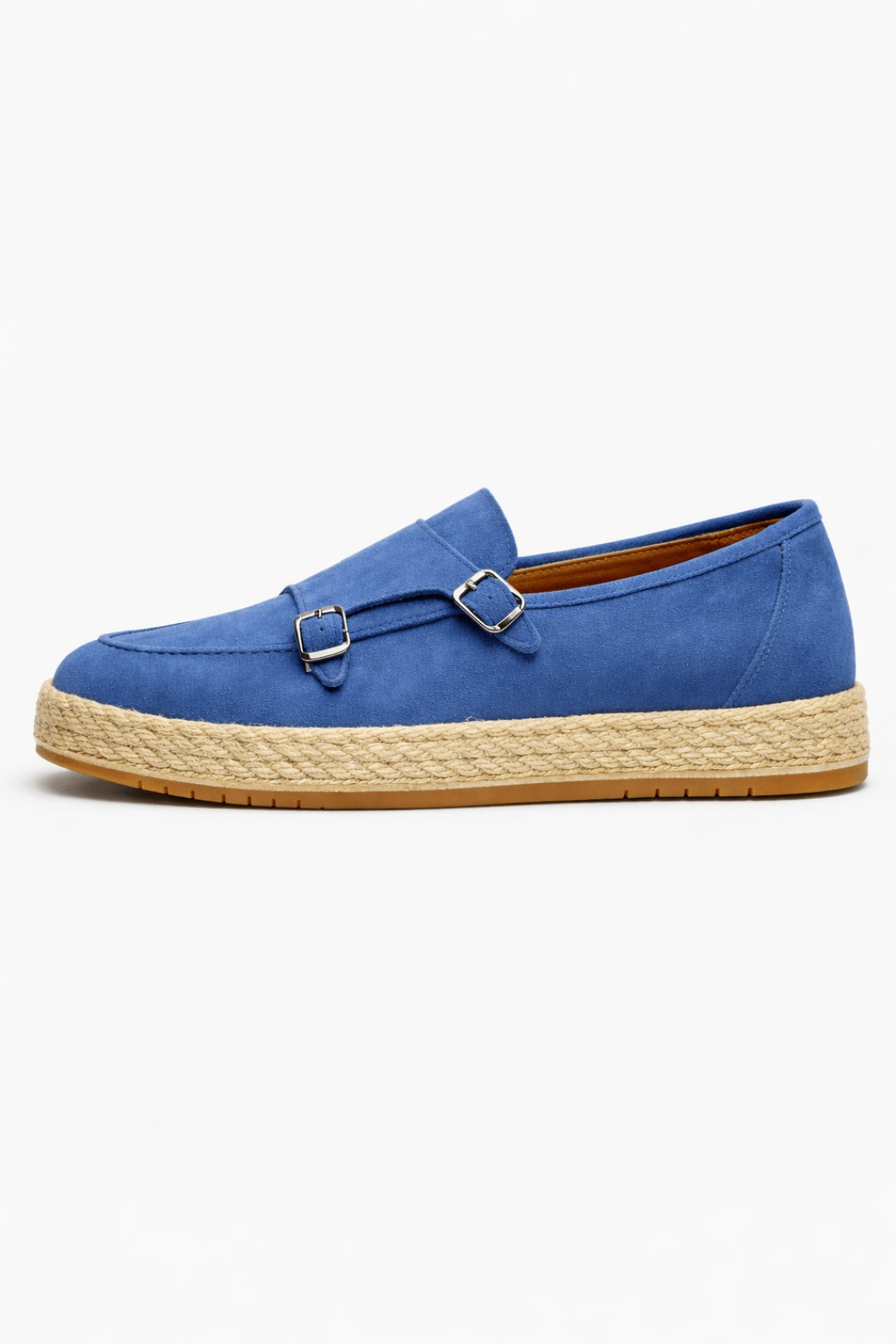 Mavi Hakiki Süet Deri Hasır Kaplama Tabanlı Double Monk Strap