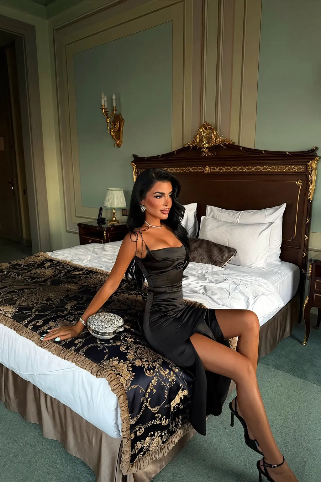 Selvarine Ruched Satin Slip Midi Dress – Black