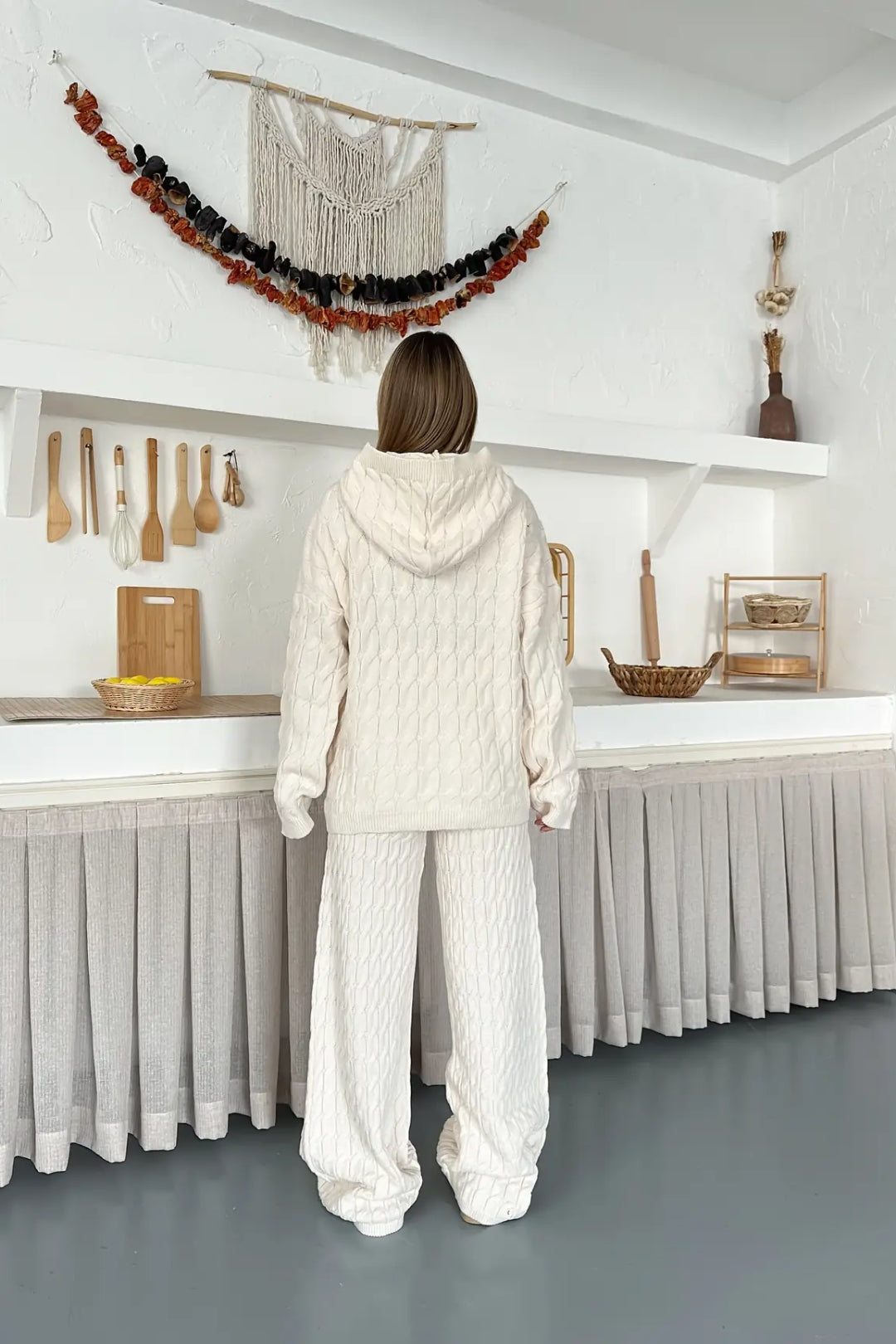 Briar Cable Knit Hooded Two-Piece Set – Light Brown