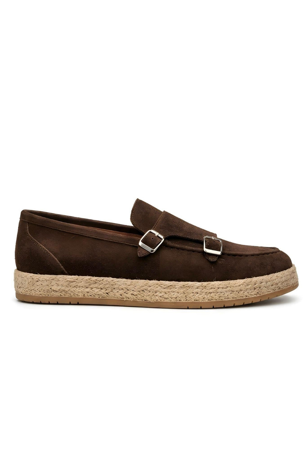Kahve Hakiki Süet Deri Hasır Kaplama Tabanlı Double Monk Strap