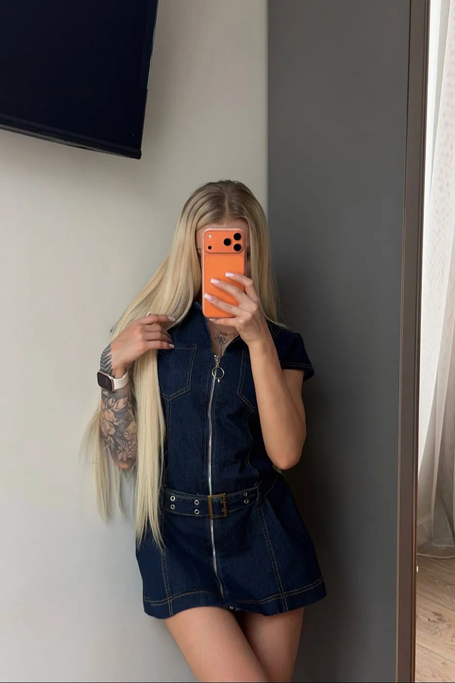 Aveline Denim Belted Mini Dress