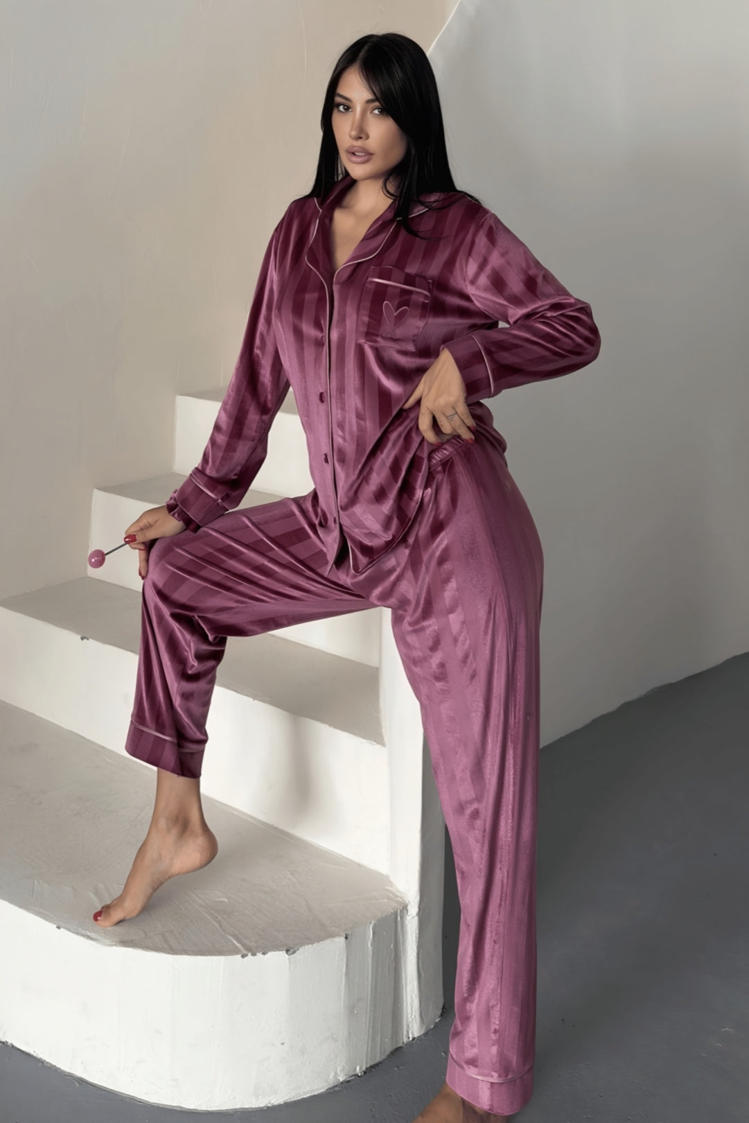 Estelle Striped Velvet Pajama Set – Dusty Rose Pink