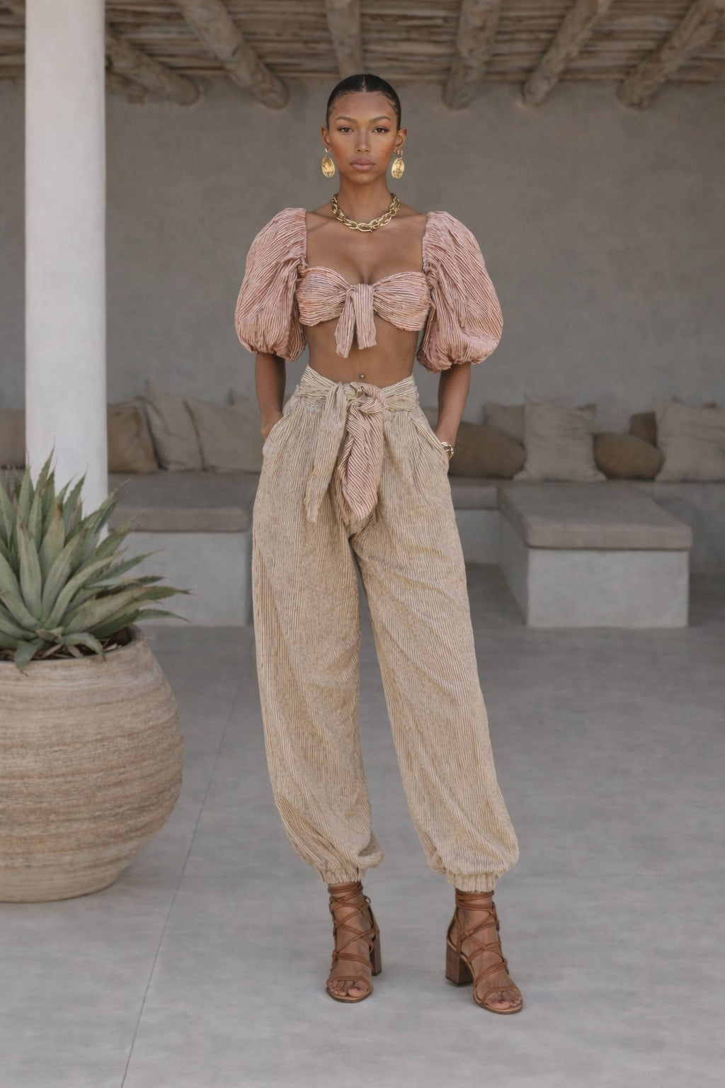 Marielle Soleil Striped Textured Two-Piece Set – Blush Beige