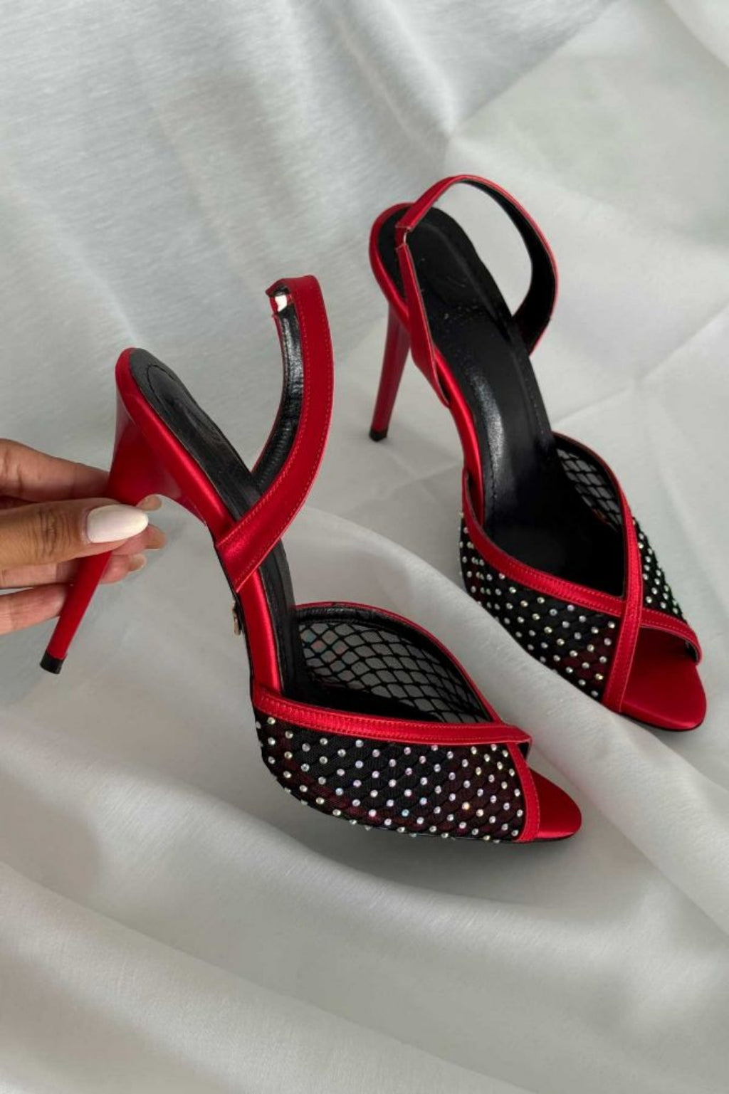 Valentina Crystal Mesh Slingback Stiletto Heels – Red Satin