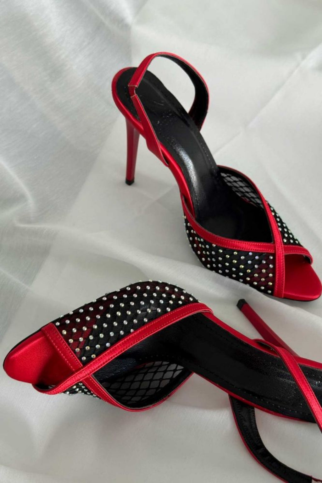 Valentina Crystal Mesh Slingback Stiletto Heels – Red Satin