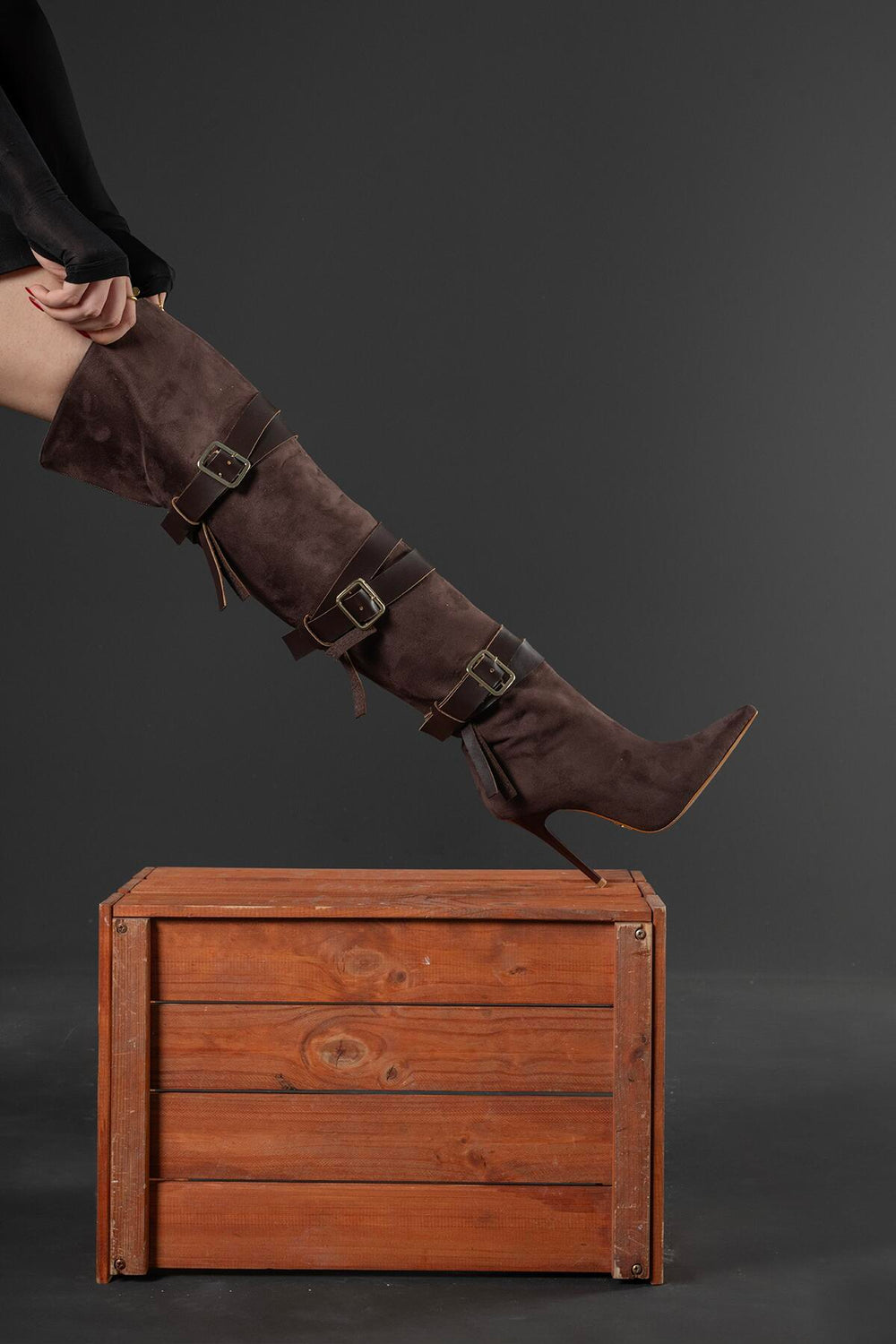 Ravelle Buckle Over-the-Knee Stiletto Boots – Tan Suede