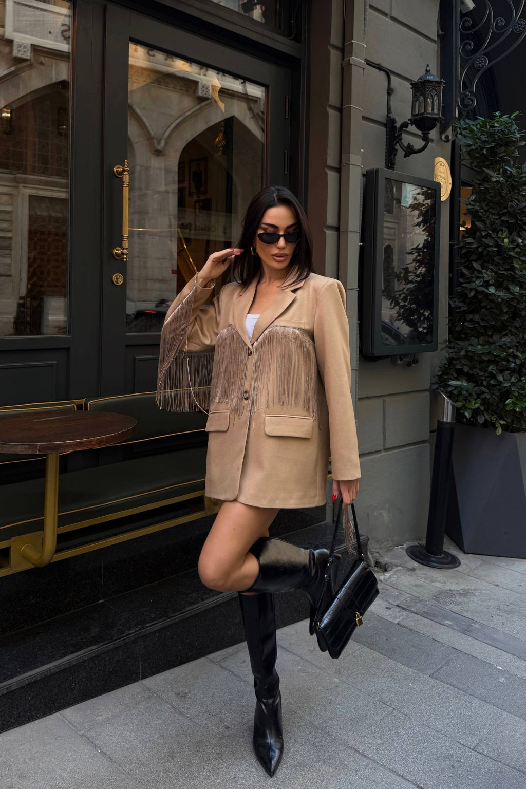 Püskül Detaylı Yün Görünümlü Blazer Ceket – Deve Tüyü