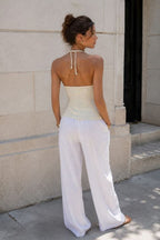 Serenelle Beaded Halter Neck Ribbed Top – White