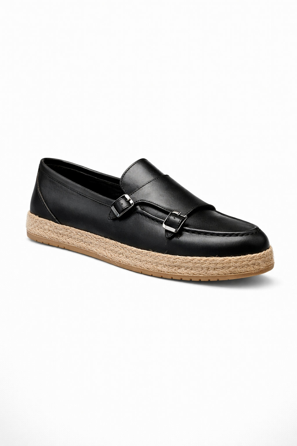 Siyah Hakiki Deri Hasır Kaplama Tabanlı Double Monk Strap
