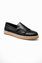 Siyah Hakiki Deri Hasır Kaplama Tabanlı Double Monk Strap