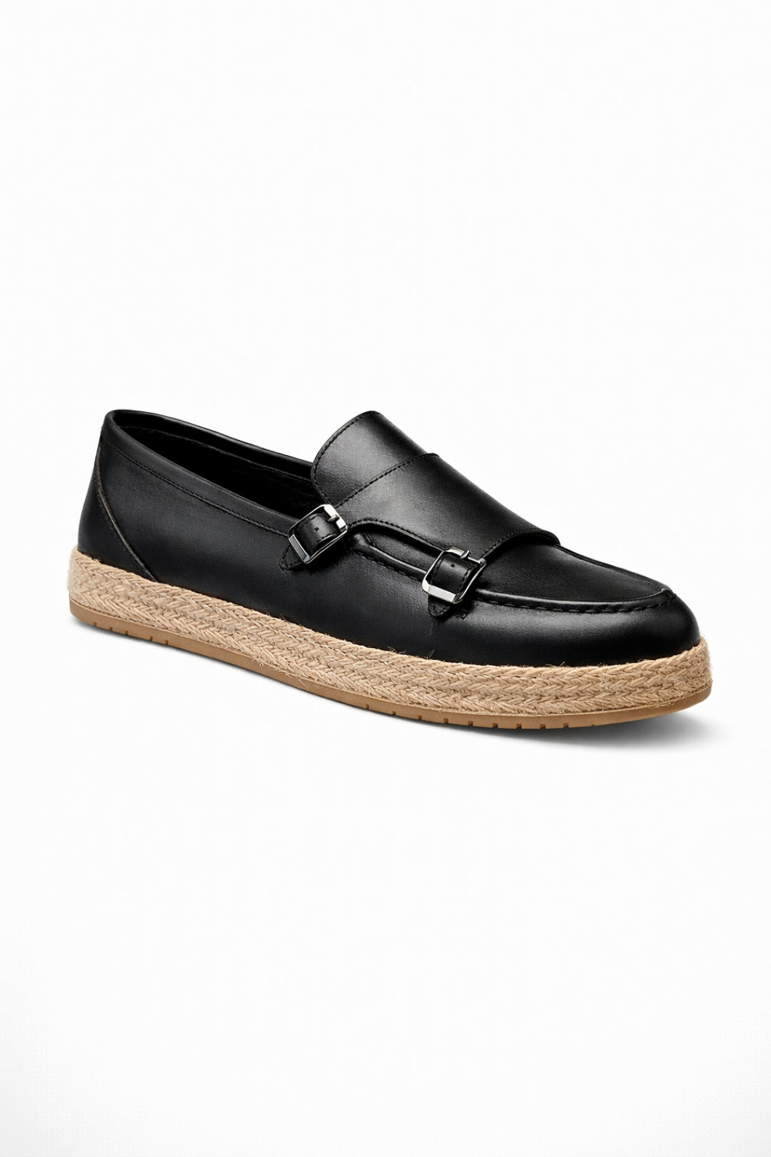 Siyah Hakiki Deri Hasır Kaplama Tabanlı Double Monk Strap