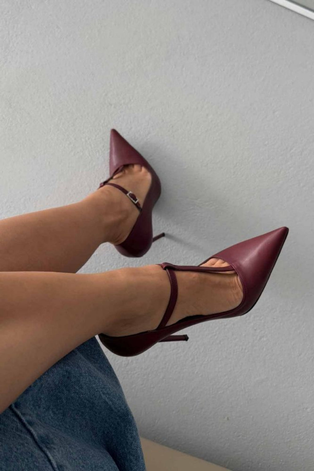 Vanessa Burgundy T-Strap Crystal Buckle Stiletto Pumps – 12 CM Heel