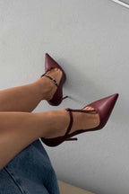 Vanessa Burgundy T-Strap Crystal Buckle Stiletto Pumps – 12 CM Heel