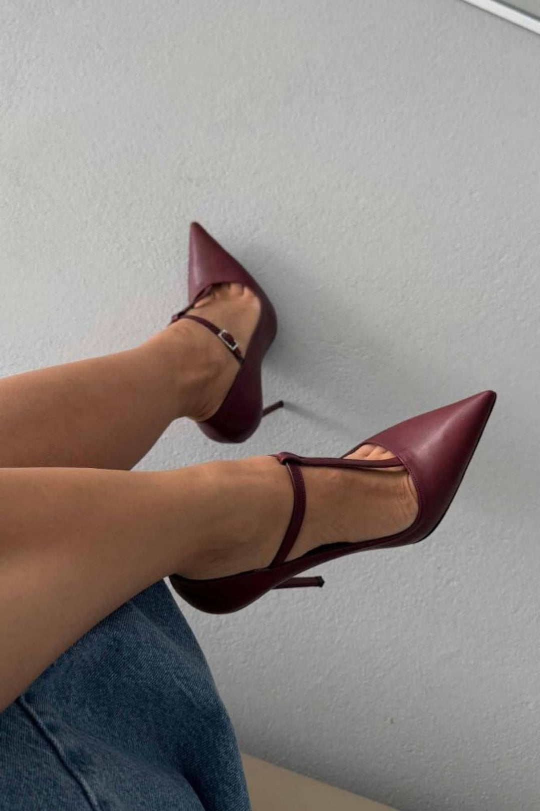 Vanessa Burgundy T-Strap Crystal Buckle Stiletto Pumps – 12 CM Heel