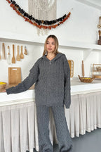 Briar Cable Knit Hooded Two-Piece Set – Light Brown