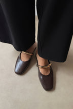 Bitter Coffee Gold Detailed Square Toe Elegant Women's Slippers