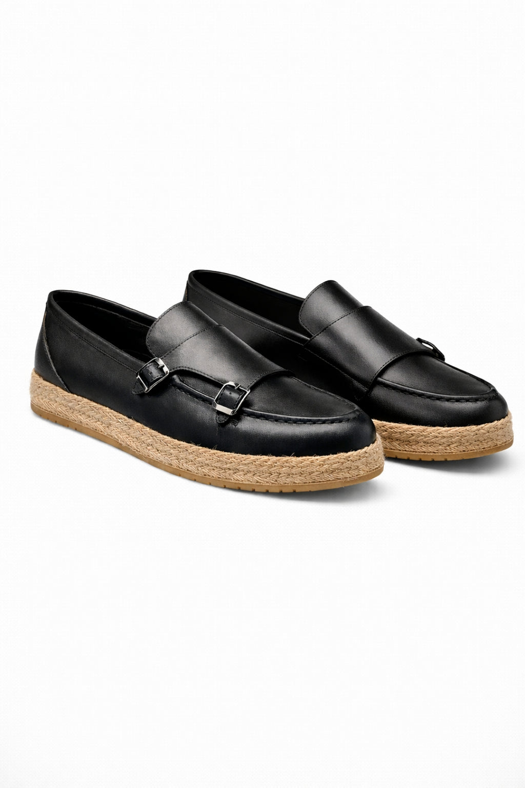 Siyah Hakiki Deri Hasır Kaplama Tabanlı Double Monk Strap