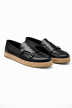 Siyah Hakiki Deri Hasır Kaplama Tabanlı Double Monk Strap